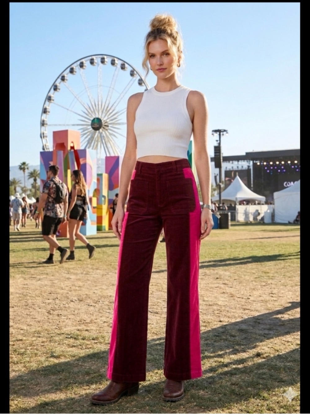 INC Wide-Leg Y2K Velvet Colorblock Burgund Hot Pink High Waist Retro Pants 6